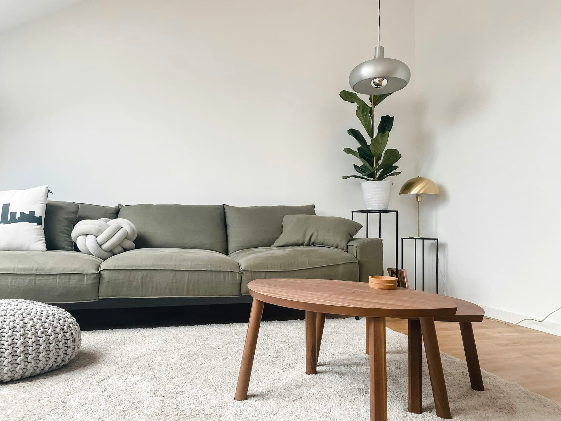 Salon moderne avec canapé vert sauge et accents de bois naturel