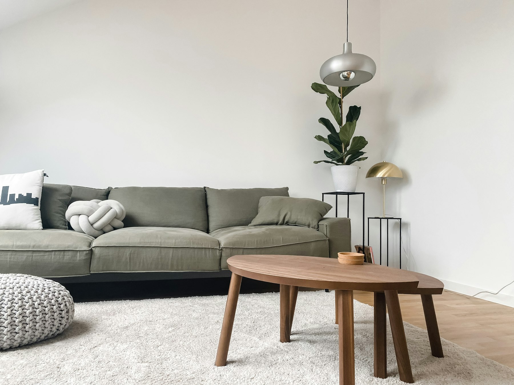 Modern living room with a sage couch and natural wood accents